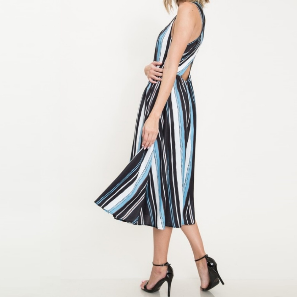 Cut Out Striped Midi Print A Line Dress - Picture 7 of 8